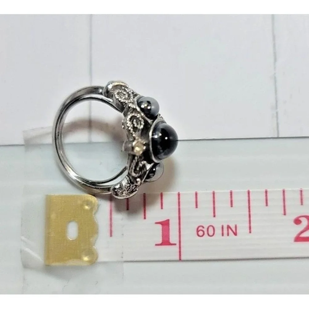 Avon Silver Tone Black Glass Ring adjustable 4‎ Oval Cabochon Cocktail Statement